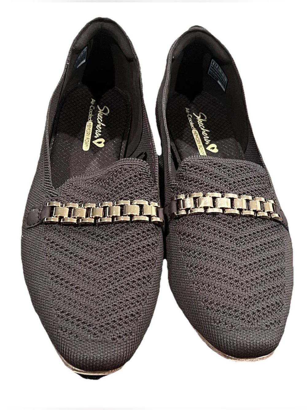 Skechers Cleo Snip women’s brown Knit Slip-On Loafers with Gold Chain Trim
